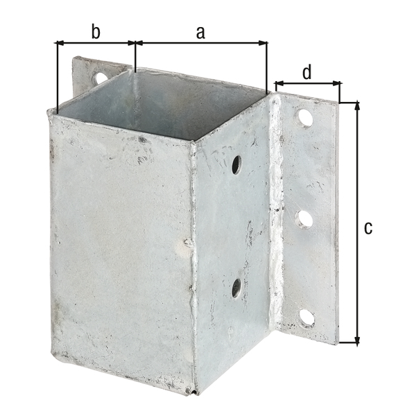 Post support for L and U border blocks or walls, Material: raw steel, Surface: hot-dip galvanised, for screwing on, Pot length: 91 mm, Pot width: 91 mm, Pot height: 150 mm, External edge of pot - external edge of screw-on plate: 40 mm, No. of holes: 10, Hole: Ø11 mm