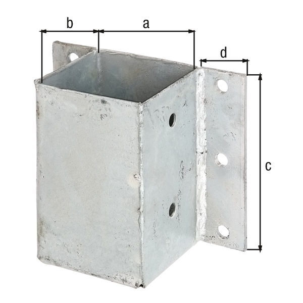 Staffa porta palo per cordoli a L ed U e per muri, Materiale: acciaio grezzo, superficie: zincata a fuoco, da avvitare, Lunghezza del vaso: 91 mm, Larghezza del vaso: 91 mm, Altezza supporto: 150 mm, 40 mm, Numero di fori: 10, Foro: Ø11 mm