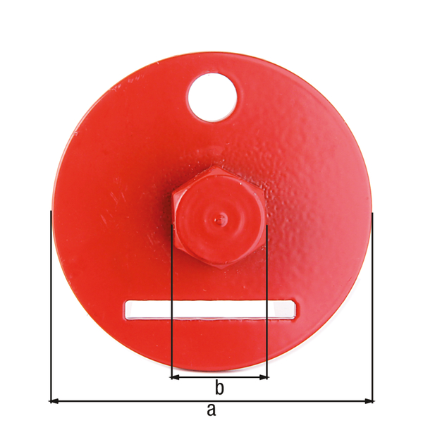 Utensile per fissaggio di piastra con perno filettato per recinzioni paravento, Materiale: acciaio grezzo, superficie: zincata fosfatata, rosso rubino rivestita in plastica RAL 3003, diametro: 60 mm, 17 mm