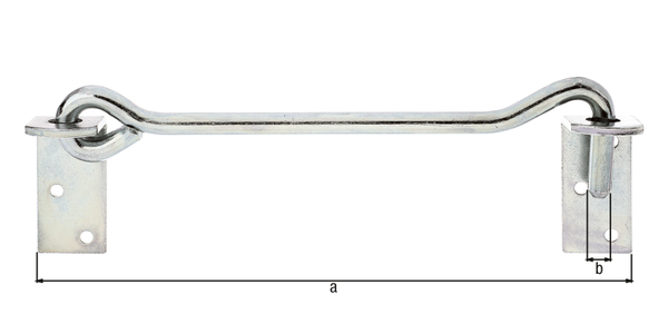 Gancio con occhiello, con piastre ad angolo, Materiale: acciaio grezzo, superficie: galvanizzata, passivata a strato spesso, da avvitare, lunghezza: 200 mm, Ø gancio: 8 mm, Numero di fori: 4, Foro: Ø5 mm