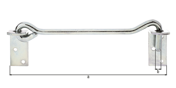 Hook and eye, with angle counter plates, Material: raw steel, Surface: galvanised, thick-film passivated, for screwing on, Length: 280 mm, Hook dia.: 12 mm, No. of holes: 6, Hole: Ø6.5 mm