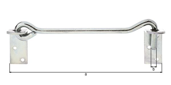 Gancio con occhiello, con piastre ad angolo, Materiale: acciaio grezzo, superficie: galvanizzata, passivata a strato spesso, da avvitare, lunghezza: 590 mm, Ø gancio: 12 mm, Numero di fori: 6, Foro: Ø6,5 mm