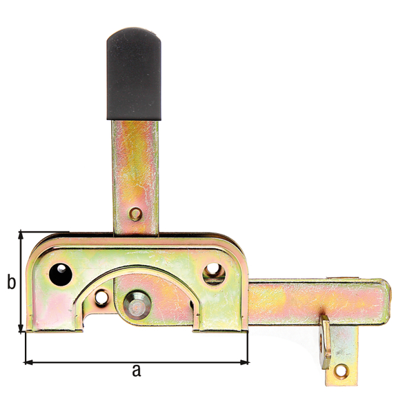 Garden gate latch especially for narrow frame timbers, with countersunk screw holes, with door latch, Material: raw steel, Surface: yellow galvanised, Plate length: 120 mm, Plate width: 50 mm, No. of holes: 2 / 4, Hole: Ø5.5 / Ø6.5 mm