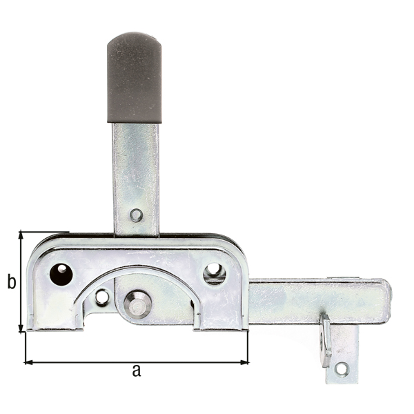 Verrou de portillon spécial pour montants de cadre en bois étroits, avec trous de vis fraisés, avec crochet de béquille, Matériau: Acier brut, Finition: galvanisée passivée, Longueur de platine: 120 mm, Largeur de platine: 50 mm, Nombre de trous: 2 / 4, Trou: Ø5,5 / Ø6,5 mm