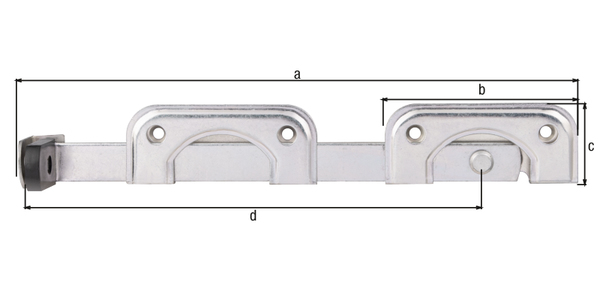 Double gate hasp, especially for narrow frame timbers, Material: raw steel, Surface: galvanised, thick-film passivated, individual parts attached with cable ties, Total length: 335 mm, Plate length: 120 mm, Plate width: 60 mm, Length of hasp: 275 mm, No. of holes: 8, Hole: Ø6.5 mm