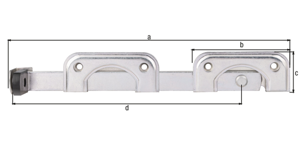 Doppeltorüberwurf, speziell für schmale Rahmenhölzer, Material: Stahl roh, Oberfläche: galvanisch verzinkt, Dickschichtschutz, Einzelteile durch Kabelbinder verbunden, Gesamtlänge: 335 mm, Plattenlänge: 120 mm, Plattenbreite: 60 mm, Länge Überwurf: 275 mm, Anzahl Löcher: 8, Loch: Ø6,5 mm