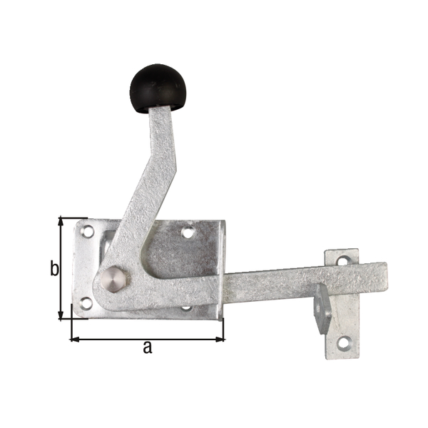 Garden gate latch, with countersunk screw holes, with door latch, Material: raw steel, Surface: hot-dip galvanised, Plate length: 80 mm, Plate width: 55 mm, No. of holes: 4 / 2, Hole: Ø5 mm
