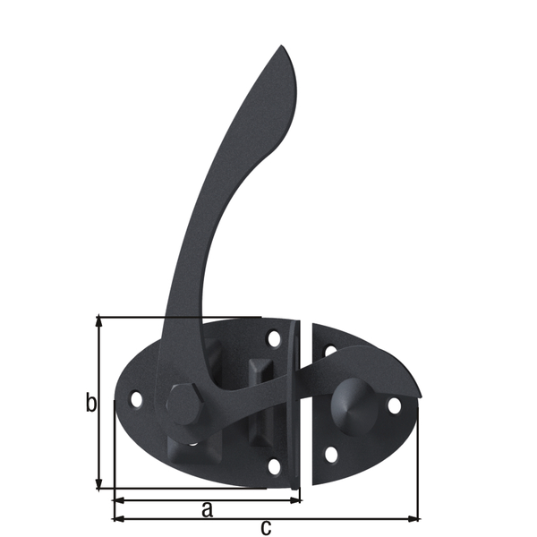 Gartentorfalle Ovado, mit versenkten Schraublöchern, mit Klinkhaken, Material: Stahl, Oberfläche: verzinkt, graphitgrau kunststoffbeschichtet, Plattenlänge: 85 mm, Plattenbreite: 60 mm, Gesamtbreite: 135 mm, Anzahl Löcher: 6, Loch: Ø5,5 mm, CutCase