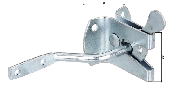 Garden gate fastening latch, Material: raw steel, Surface: blue galvanised, Plate length: 55 mm, Plate width: 45 mm, No. of holes: 2 / 4, Hole: Ø5.5 / Ø6 mm