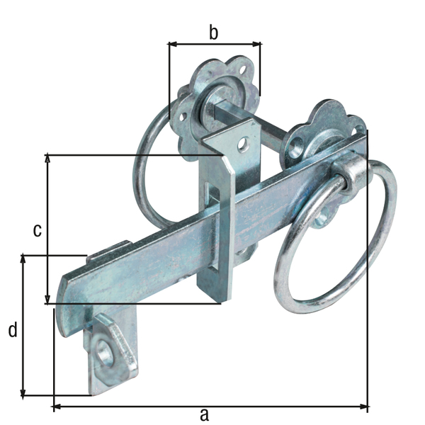 Garden gate fastening latch for high gates or woven fence doors, with countersunk screw holes, with door latch, Material: raw steel, Surface: galvanised, thick-film passivated, Length: 155 mm, Rosette dia.: 60 mm, Plate height: 70 mm, Height of hook: 60 mm, Pin length: 77 mm, No. of holes: 3 / 2 / 6, Hole: Ø5.2 / Ø5.5 / Ø4.5 mm