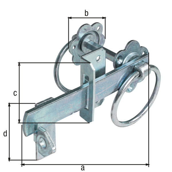 Gartentorverschluss für hohe Tore oder Flechtzauntüren, mit versenkten Schraublöchern, mit Klinkhaken, Material: Stahl roh, Oberfläche: galvanisch verzinkt, Dickschichtschutz, Länge: 155 mm, Rosetten-Ø: 60 mm, Plattenhöhe: 70 mm, Höhe Haken: 60 mm, Stiftlänge: 77 mm, Anzahl Löcher: 3 / 2 / 6, Loch: Ø5,2 / Ø5,5 / Ø4,5 mm