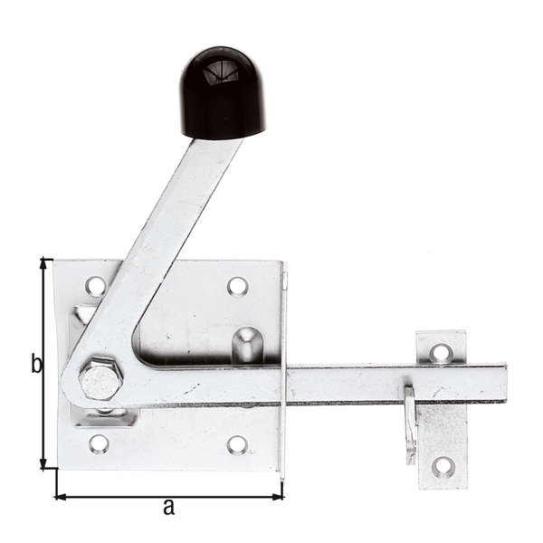 Garden gate latch, with countersunk screw holes, with door latch, Material: raw steel, Surface: galvanised, thick-film passivated, Plate length: 80 mm, Plate width: 80 mm, No. of holes: 6, Hole: Ø5.5 mm