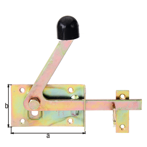 Garden gate latch especially for narrow frame timbers, with countersunk screw holes, with door latch, Material: raw steel, Surface: yellow galvanised, Plate length: 100 mm, Plate width: 60 mm, No. of holes: 6, Hole: Ø5.5 mm