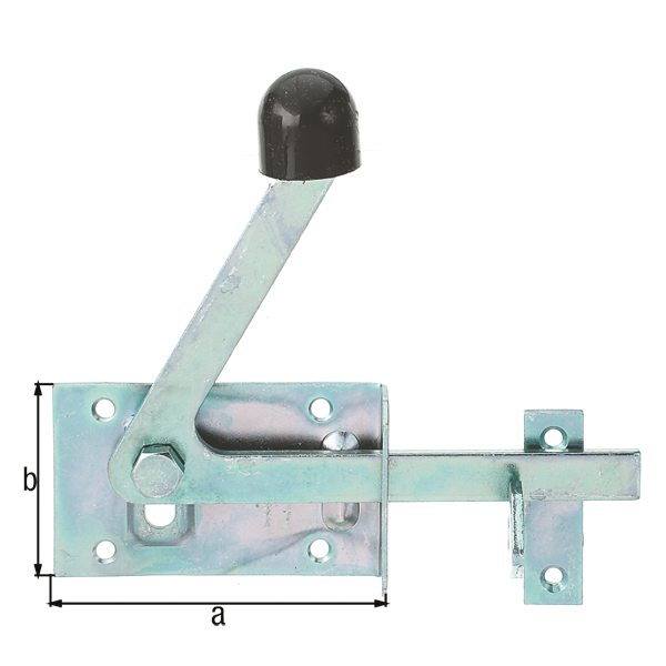 Garden gate latch especially for narrow frame timbers, with countersunk screw holes, with door latch, Material: raw steel, Surface: yellow galvanised, Plate length: 100 mm, Plate width: 60 mm, No. of holes: 6, Hole: Ø5.5 mm