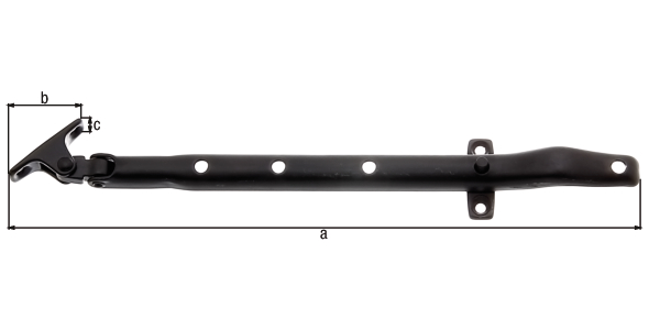 Window stopper for skylight windows or pivot windows, Material: raw steel, Surface: black powder-coated, Total length: 285 mm, Length of screw-on plate: 41 mm, Width of screw-on plate: 15 mm, No. of holes: 4, Hole: Ø4.5 mm