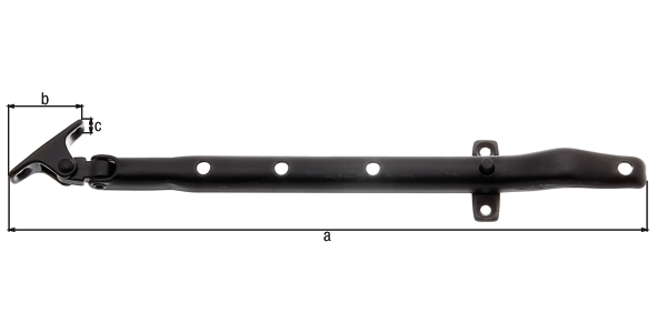 Blokada do okien uchylnych lub rozwiernych, materiał: stal surowa, powierzchnia: powlekany czarnym tworzywem sztucznym, Długość całkowita: 285 mm, 41 mm, Szerokość płyty przykręcanej: 15 mm, Liczba otworów: 4, Otwór: Ø4,5 mm