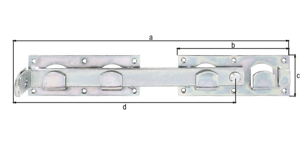 Double gate hasp, with countersunk screw holes, Material: raw steel, Surface: galvanised, thick-film passivated, individual parts attached with cable ties, Total length: 423 mm, Plate length: 180 mm, Plate width: 70 mm, Length of hasp: 333 mm, No. of holes: 12, Hole: Ø5 mm