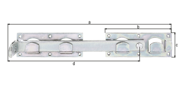 Cierre para pórtico doble, con agujeros para atornillar avellanados, Material: Acero crudo, Superficie: galvanizado, pasivado con capa gruesa, piezas individuales unidas mediante abrazaderas, Longitud total: 423 mm, Longitud de la pletina: 180 mm, Anchura de la pletina: 70 mm, Longitud del cierre: 333 mm, Número de agujeros: 12, Perforación: Ø5 mm