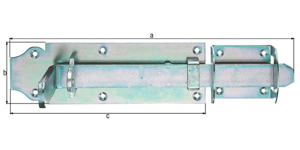 Fermeture pour portail double spéciale pour portails à cadre, avec trous de vis fraisés, Matériau: Acier brut, Finition: galvanisée bichromatée, Longueur totale: 380 mm, Hauteur de platine: 80 mm, Longueur de platine: 250 mm, Nombre de trous: 4 / 6, Trou: Ø5,5 / Ø6 mm