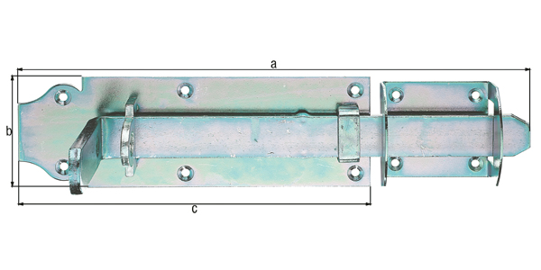 Chiusura per cancelli a doppio battente, specifico per telai in legno, con fori per viti incassate, Materiale: acciaio grezzo, superficie: galvanizzata, passivata a strato spesso, lunghezza totale: 380 mm, Altezza piastra: 80 mm, Lunghezza piastra: 250 mm, Numero di fori: 4 / 6, Foro: Ø5,5 / Ø6 mm