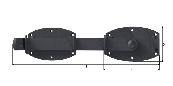 Ovado Double gate hasp, with countersunk screw holes, Material: steel, Surface: galvanised, graphite grey powder-coated, Total length: 375 mm, Plate height: 80 mm, Plate length: 140 mm, No. of holes: 12, Hole: Ø5 mm