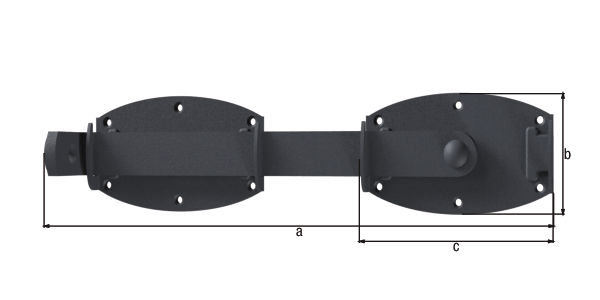 Doppeltorüberwurf Ovado, mit versenkten Schraublöchern, Material: Stahl, Oberfläche: verzinkt, graphitgrau kunststoffbeschichtet, Gesamtlänge: 375 mm, Plattenhöhe: 80 mm, Plattenlänge: 140 mm, Anzahl Löcher: 12, Loch: Ø5 mm