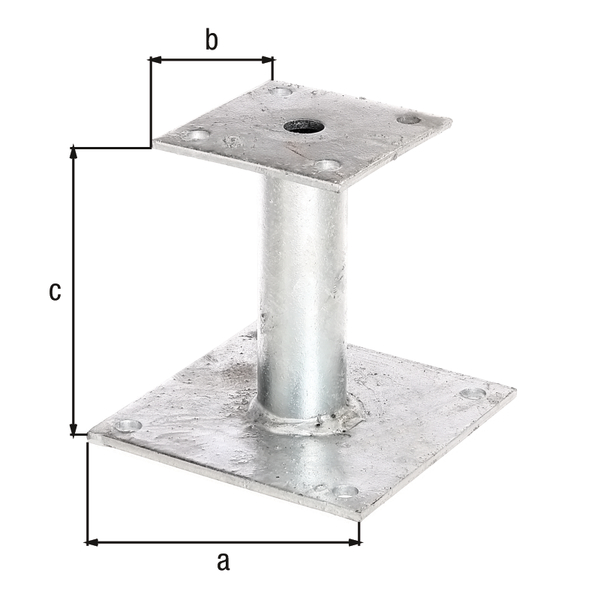 Post support, Material: raw steel, Surface: hot-dip galvanised, for screwing on, Plate length at top: 150 mm, Plate length at bottom: 100 mm, 150 mm, Height: 100 mm, Plate thickness: 5 mm, Tube Ø: 42 mm, No. of holes: 8, Hole: Ø11 mm