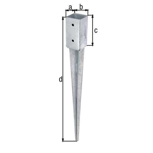 Fence post spike for square timber posts, Material: raw steel, Surface: hot-dip galvanised, for driving in, Pot length: 71 mm, Pot width: 71 mm, Pot height: 150 mm, Total length: 750 mm, No. of holes: 4, Hole: Ø11 mm