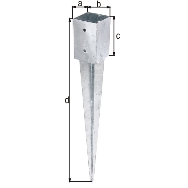 Anclaje para enterrar para postes de madera cuadrados, Material: Acero crudo, Superficie: galvanizado en caliente, para insertar, Longitud de la maceta: 91 mm, Anchura de la maceta: 91 mm, Altura del tubo: 150 mm, Longitud total: 750 mm, Número de agujeros: 4, Perforación: Ø11 mm