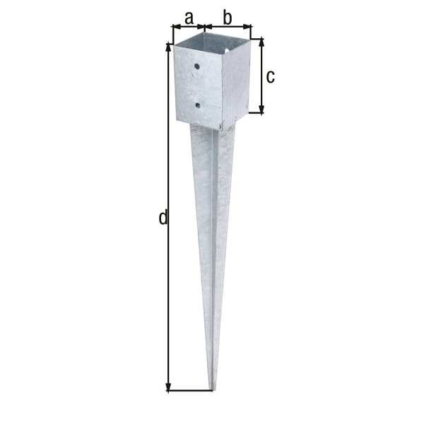 Fence post spike for square timber posts, Material: raw steel, Surface: hot-dip galvanised, for driving in, Pot length: 101 mm, Pot width: 101 mm, Pot height: 150 mm, Total length: 900 mm, No. of holes: 4, Hole: Ø11 mm