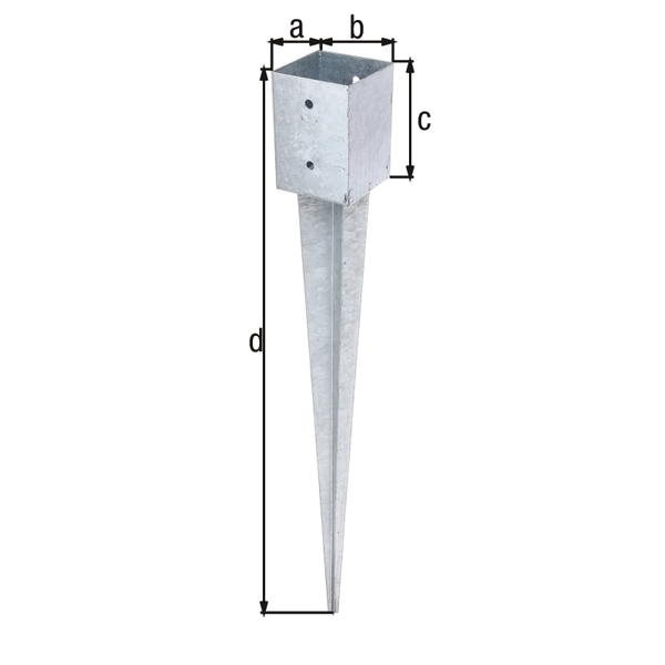 Anclaje para enterrar para postes de madera cuadrados, Material: Acero crudo, Superficie: galvanizado en caliente, para insertar, Longitud de la maceta: 101 mm, Anchura de la maceta: 101 mm, Altura del tubo: 150 mm, Longitud total: 900 mm, Número de agujeros: 4, Perforación: Ø11 mm