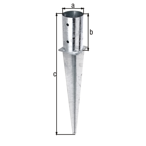 Fence post spike for round timber posts, Material: raw steel, Surface: hot-dip galvanised, for driving in, Pot dia.: 81 mm, Pot height: 150 mm, Total length: 600 mm, No. of holes: 4, Hole: Ø11 mm