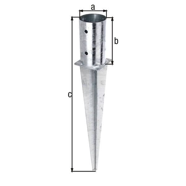 Anclaje para enterrar para postes redondos de madera, Material: Acero crudo, Superficie: galvanizado en caliente, para insertar, 81 mm, Altura del tubo: 150 mm, Longitud total: 600 mm, Número de agujeros: 4, Perforación: Ø11 mm