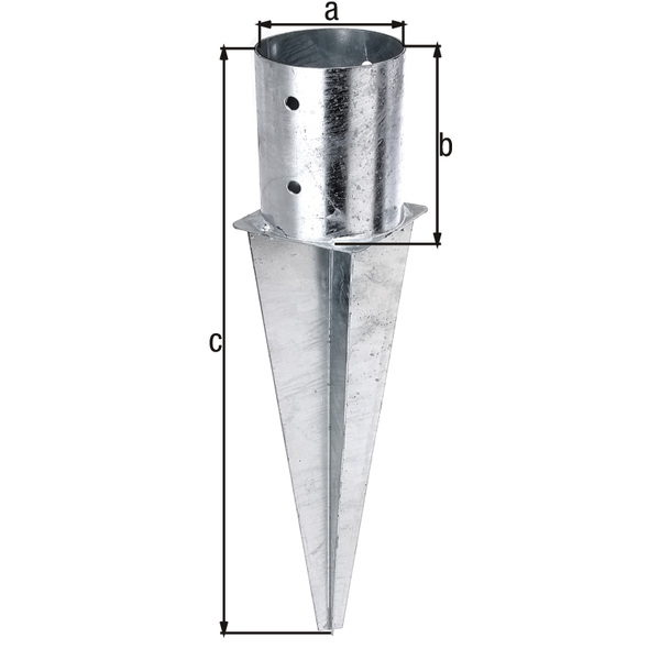 Fence post spike for round timber posts, Material: raw steel, Surface: hot-dip galvanised, for driving in, Pot dia.: 101 mm, Pot height: 150 mm, Total length: 600 mm, No. of holes: 4, Hole: Ø11 mm