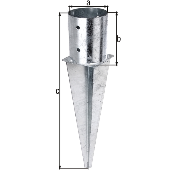 Einschlag-Bodenhülse für Rundholzpfosten, Material: Stahl roh, Oberfläche: feuerverzinkt, zum Einschlagen, Topf-Ø: 101 mm, Topfhöhe: 150 mm, Gesamtlänge: 600 mm, Anzahl Löcher: 4, Loch: Ø11 mm