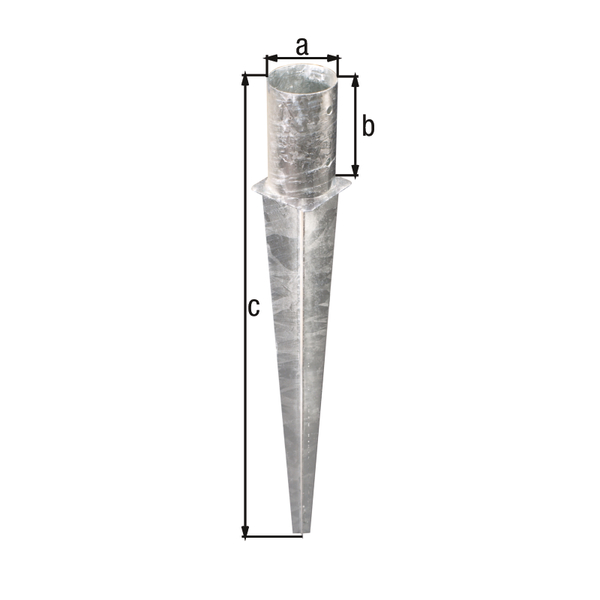 Fence post spike for round timber posts, Material: raw steel, Surface: hot-dip galvanised, for driving in, Pot dia.: 121 mm, Pot height: 145 mm, Total length: 750 mm, No. of holes: 4, Hole: Ø11 mm