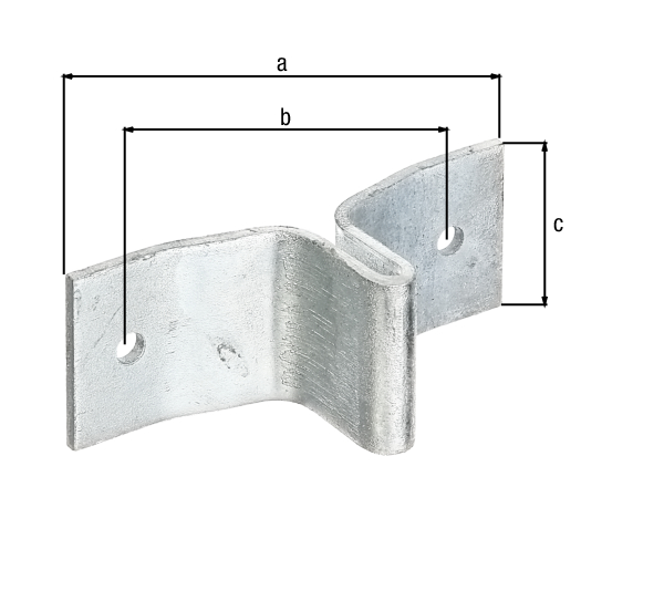 Clip for fence post made of T-profile, Material: raw steel, Surface: hot-dip galvanised, Total length: 114 mm, Distance from middle to middle of hole: 85 mm, Total width: 40 mm, Material thickness: 3.00 mm, No. of holes: 2, Hole: Ø7 mm, CutCase