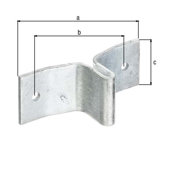 Linguetta per pali a T, Materiale: acciaio grezzo, superficie: zincata a fuoco, lunghezza totale: 148 mm, distanza centro - centro foro: 108 mm, larghezza totale: 40 mm, Spessore del materiale: 3,00 mm, Numero di fori: 2, Foro: Ø9 mm