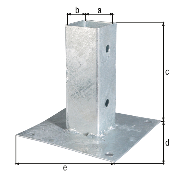 Aufschraubhülse für Vierkantholzpfosten, Material: Stahl roh, Oberfläche: feuerverzinkt, Topflänge: 61 mm, Topfbreite: 61 mm, Topfhöhe: 150 mm, Plattenlänge: 150 mm, Plattenbreite: 150 mm, Anzahl Löcher: 8, Loch: Ø11 mm