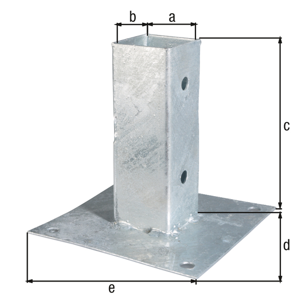 Bolt down post support for square timber posts, Material: raw steel, Surface: hot-dip galvanised, Pot length: 71 mm, Pot width: 71 mm, Pot height: 150 mm, Plate length: 150 mm, Plate width: 150 mm, No. of holes: 8, Hole: Ø11 mm