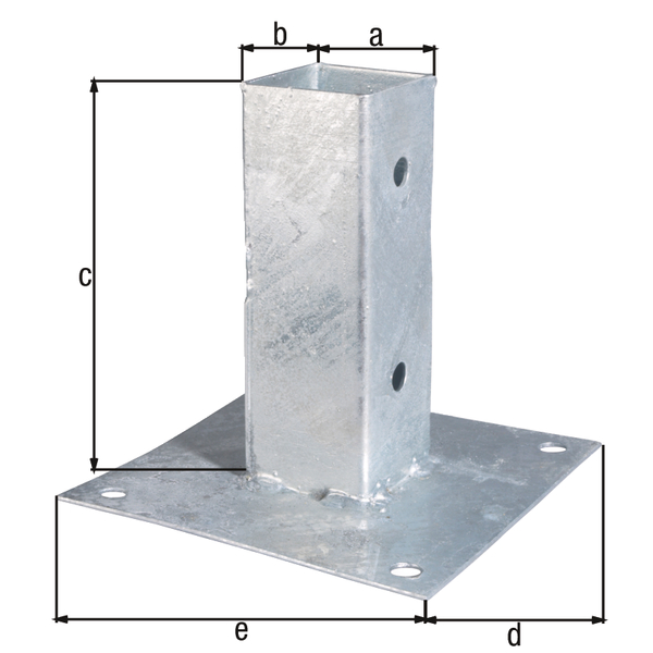 Bolt down post support for square timber posts, Material: raw steel, Surface: hot-dip galvanised, Pot length: 91 mm, Pot width: 91 mm, Pot height: 150 mm, Plate length: 150 mm, Plate width: 150 mm, No. of holes: 8, Hole: Ø11 mm