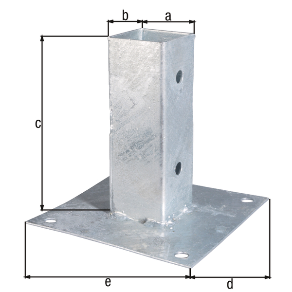 Aufschraubhülse für Vierkantholzpfosten, Material: Stahl roh, Oberfläche: feuerverzinkt, Topflänge: 91 mm, Topfbreite: 91 mm, Topfhöhe: 150 mm, Plattenlänge: 150 mm, Plattenbreite: 150 mm, Anzahl Löcher: 8, Loch: Ø11 mm