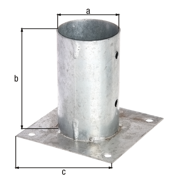 Bolt down post support for round timber posts, Material: raw steel, Surface: hot-dip galvanised, Pot dia.: 81 mm, Pot height: 150 mm, Plate length: 150 mm, No. of holes: 8, Hole: Ø11 mm