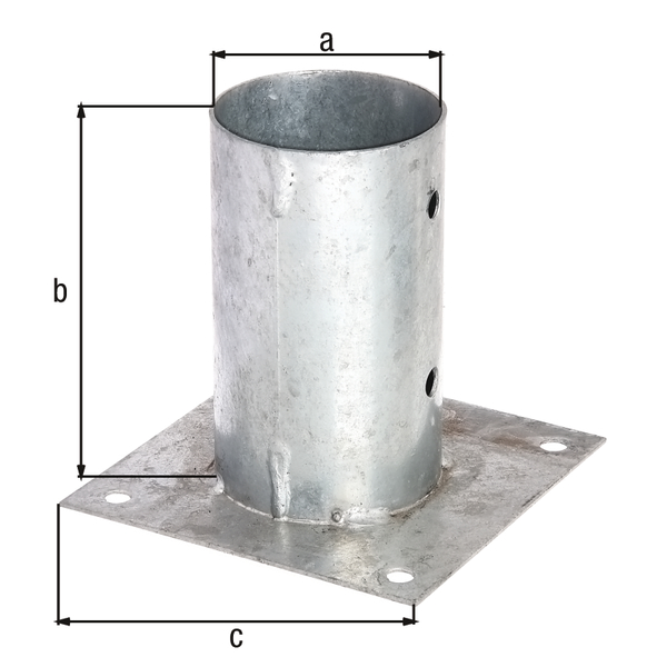 Anclaje sobre base para postes redondos de madera, Material: Acero crudo, Superficie: galvanizado en caliente, 81 mm, Altura del tubo: 150 mm, Longitud de la pletina: 150 mm, Número de agujeros: 8, Perforación: Ø11 mm