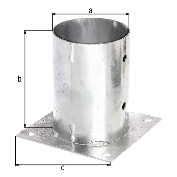 Porta palo da avvitare per pali in legno tondi, Materiale: acciaio grezzo, superficie: zincata a fuoco, 101 mm, Altezza supporto: 150 mm, Lunghezza piastra: 150 mm, Numero di fori: 8, Foro: Ø11 mm