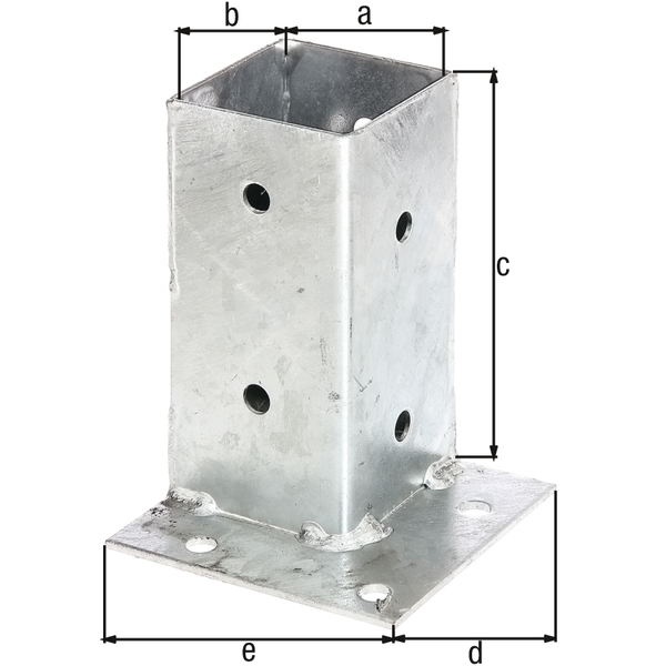 Bolt down post support for square timber posts, for flush fixing to corners, Material: raw steel, Surface: hot-dip galvanised, Pot length: 71 mm, Pot width: 71 mm, Pot height: 150 mm, Plate length: 114 mm, Plate width: 114 mm, No. of holes: 12, Hole: Ø11 mm