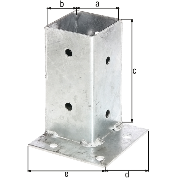 Ancre sur platine pour poteaux en bois carrés, idéale pour la fixation dans les angles, Matériau: Acier brut, Finition: galvanisée à chaud, Longueur de pot: 71 mm, Largeur de pot: 71 mm, Hauteur de pot: 150 mm, Longueur du panneau: 114 mm, Largeur du panneau: 114 mm, Nombre de trous: 12, Trou: Ø11 mm