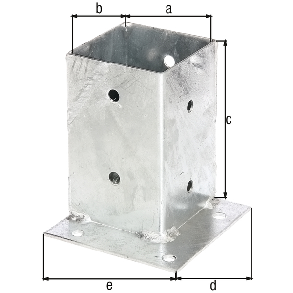 Bolt down post support for square timber posts, for flush fixing to corners, Material: raw steel, Surface: hot-dip galvanised, Pot length: 91 mm, Pot width: 91 mm, Pot height: 150 mm, Plate length: 134 mm, Plate width: 134 mm, No. of holes: 12, Hole: Ø11 mm