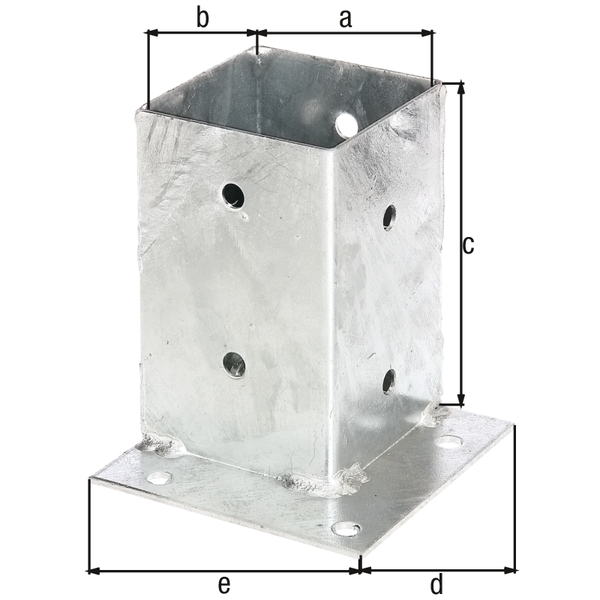 Anclaje sobre base para postes de madera cuadrados, ideal para la fijación en las esquinas, Material: Acero crudo, Superficie: galvanizado en caliente, Longitud de la maceta: 91 mm, Anchura de la maceta: 91 mm, Altura del tubo: 150 mm, Longitud de la pletina: 134 mm, Anchura de la pletina: 134 mm, Número de agujeros: 12, Perforación: Ø11 mm