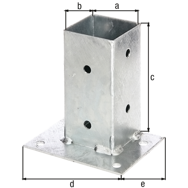 Bolt down post support for square timber posts, for flush fixing to straight surfaces, Material: raw steel, Surface: hot-dip galvanised, Pot length: 71 mm, Pot width: 71 mm, Pot height: 150 mm, Plate length: 143 mm, Plate width: 114 mm, No. of holes: 12, Hole: Ø11 mm